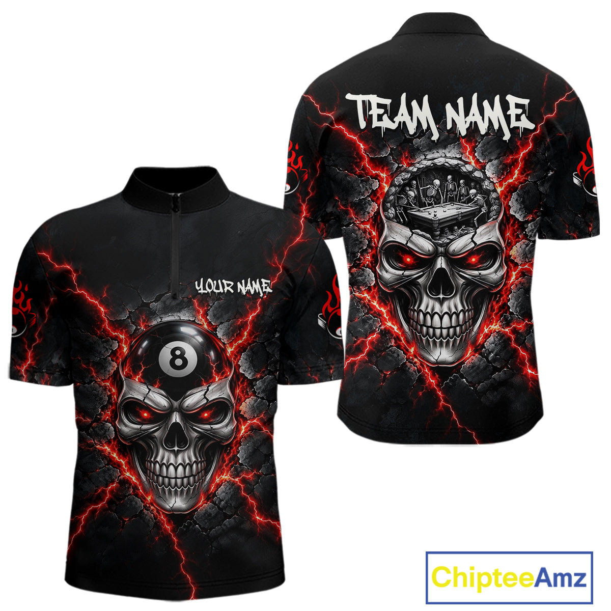 Custom Cracked Skull 8 Ball Billiard Shirt Red Thunder Skeleton Billiards 1/4-Zip Polo Jersey