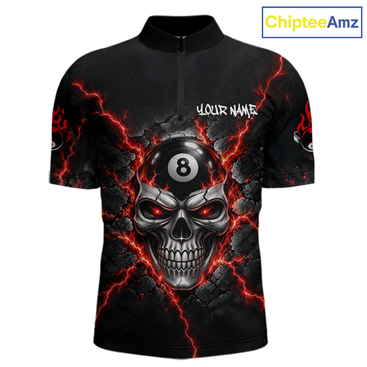 Custom Cracked Skull 8 Ball Billiard Shirt Red Thunder Skeleton Billiards 1/4-Zip Polo Jersey