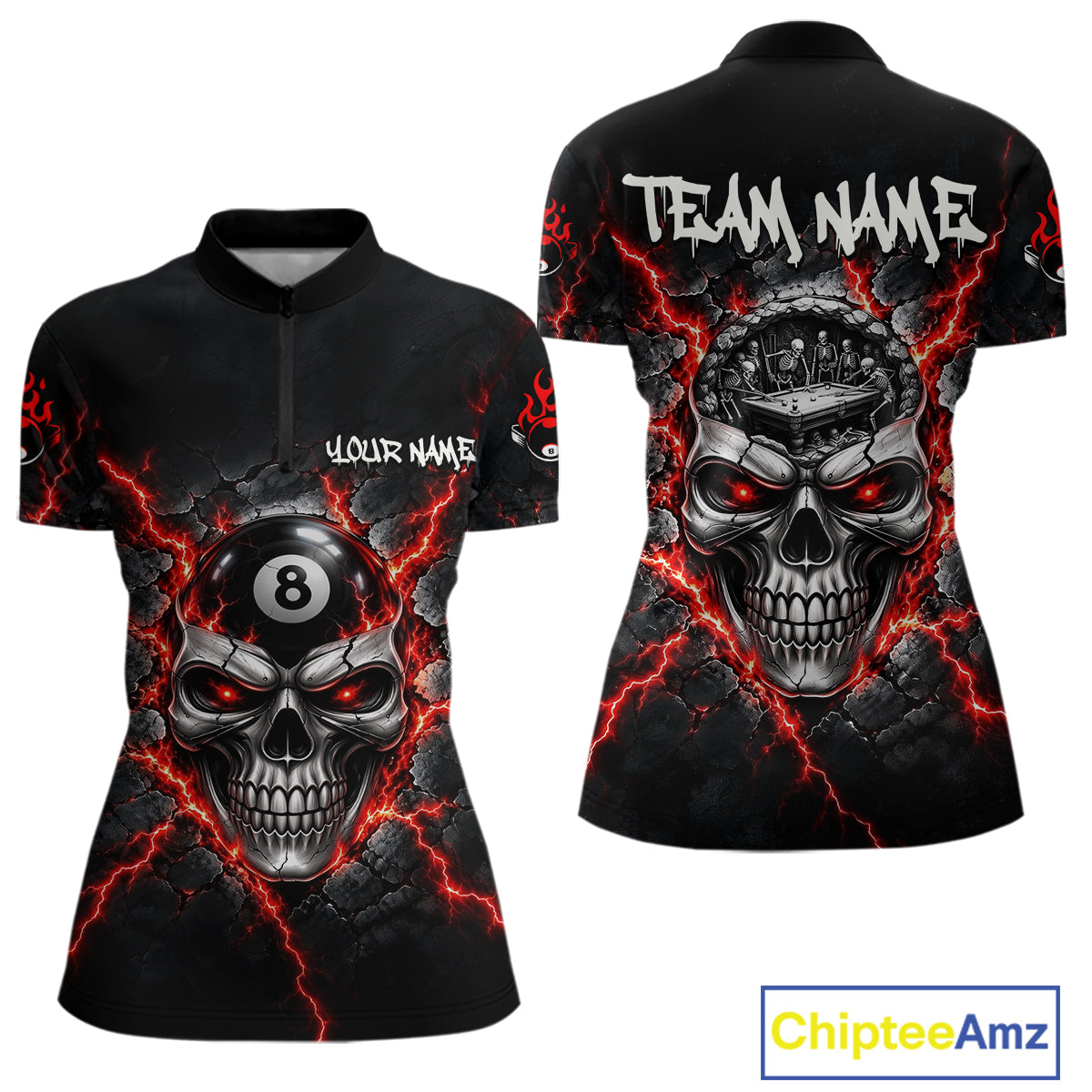 Custom Cracked Skull 8 Ball Billiard Shirt Red Thunder Skeleton Billiards 1/4-Zip Polo Jersey