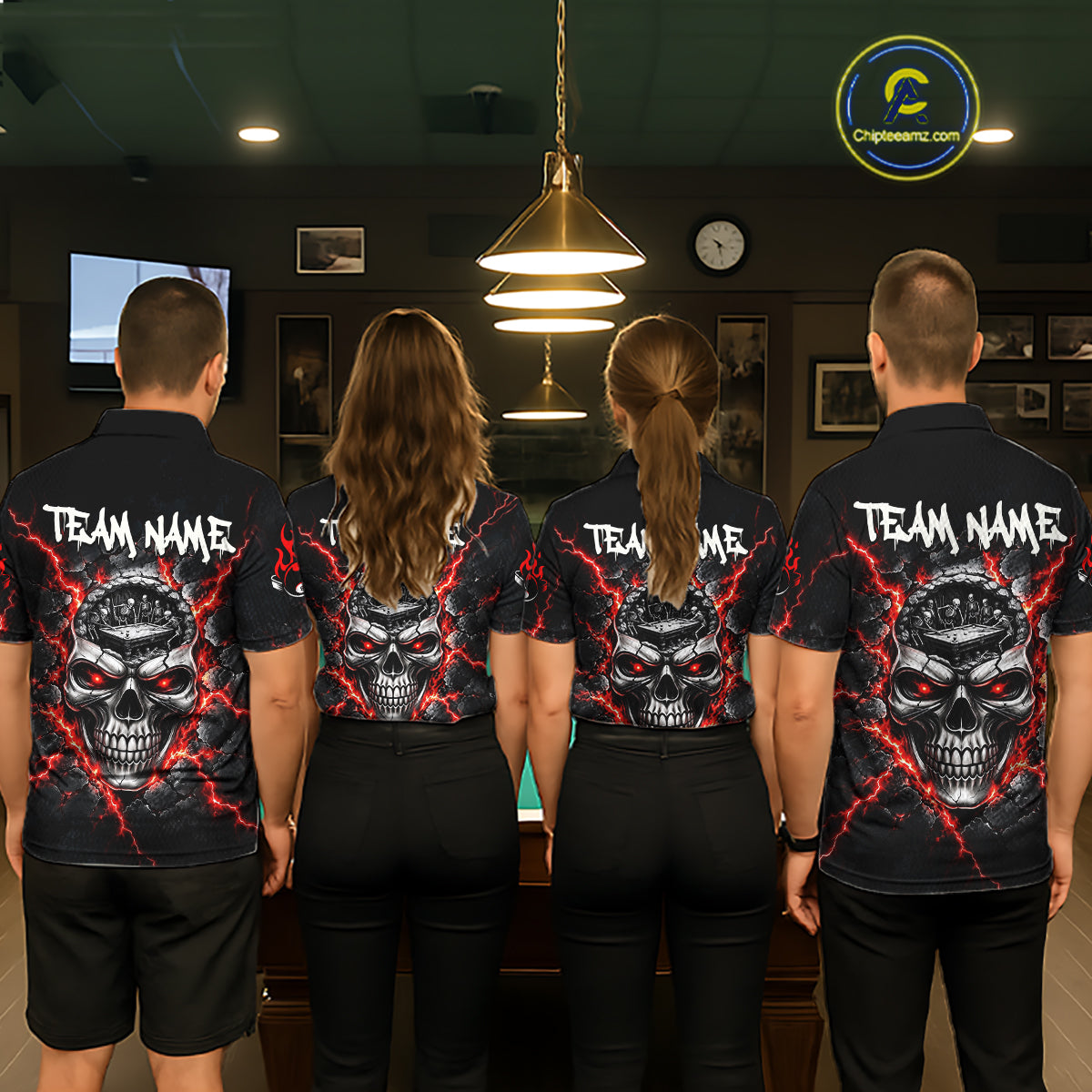 Custom Cracked Skull 8 Ball Billiard Shirt Red Thunder Skeleton Billiards 1/4-Zip Polo Jersey