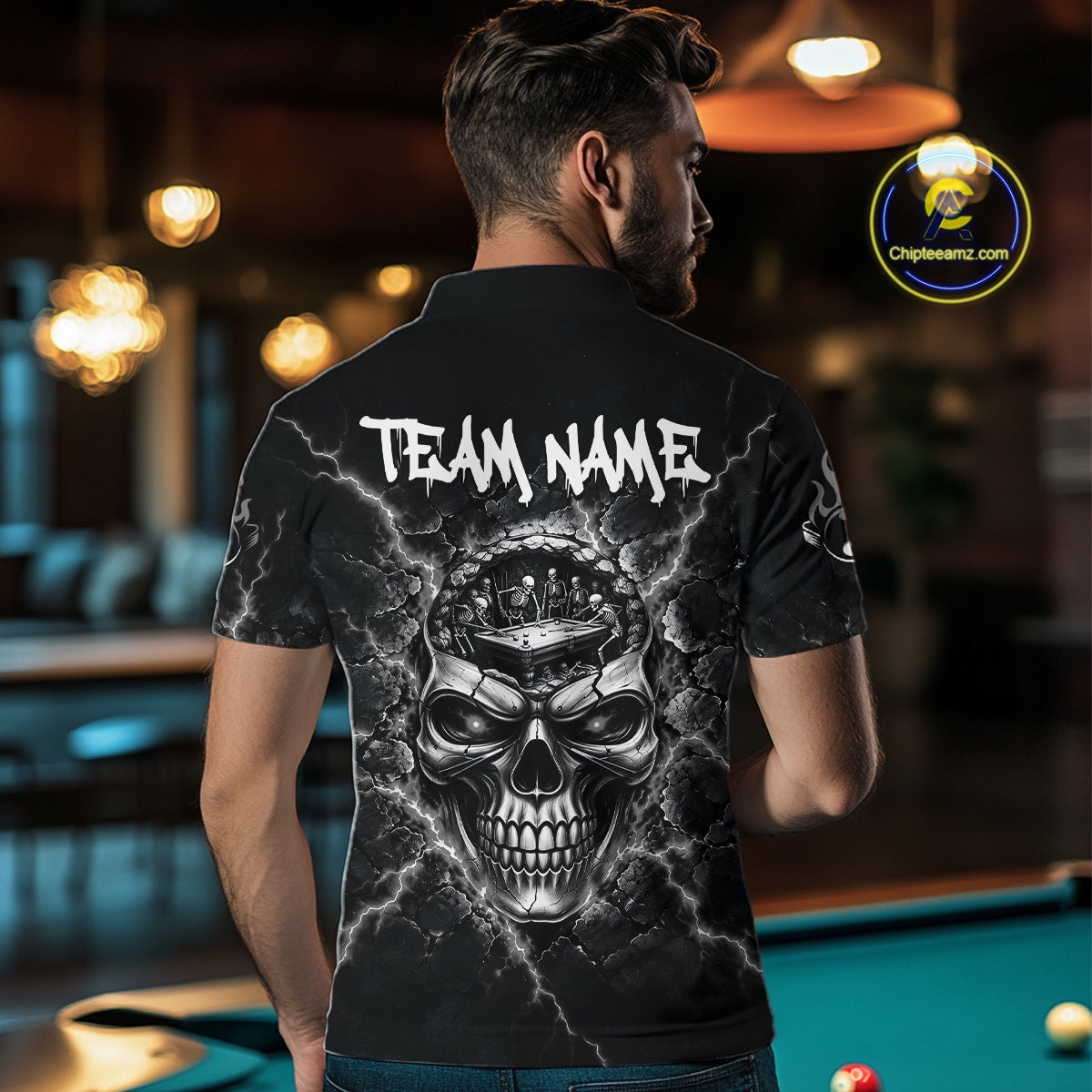 Custom Cracked Skull 8 Ball Billiard Shirt Grey Thunder Skeleton Billiards 1/4-Zip Polo Jersey