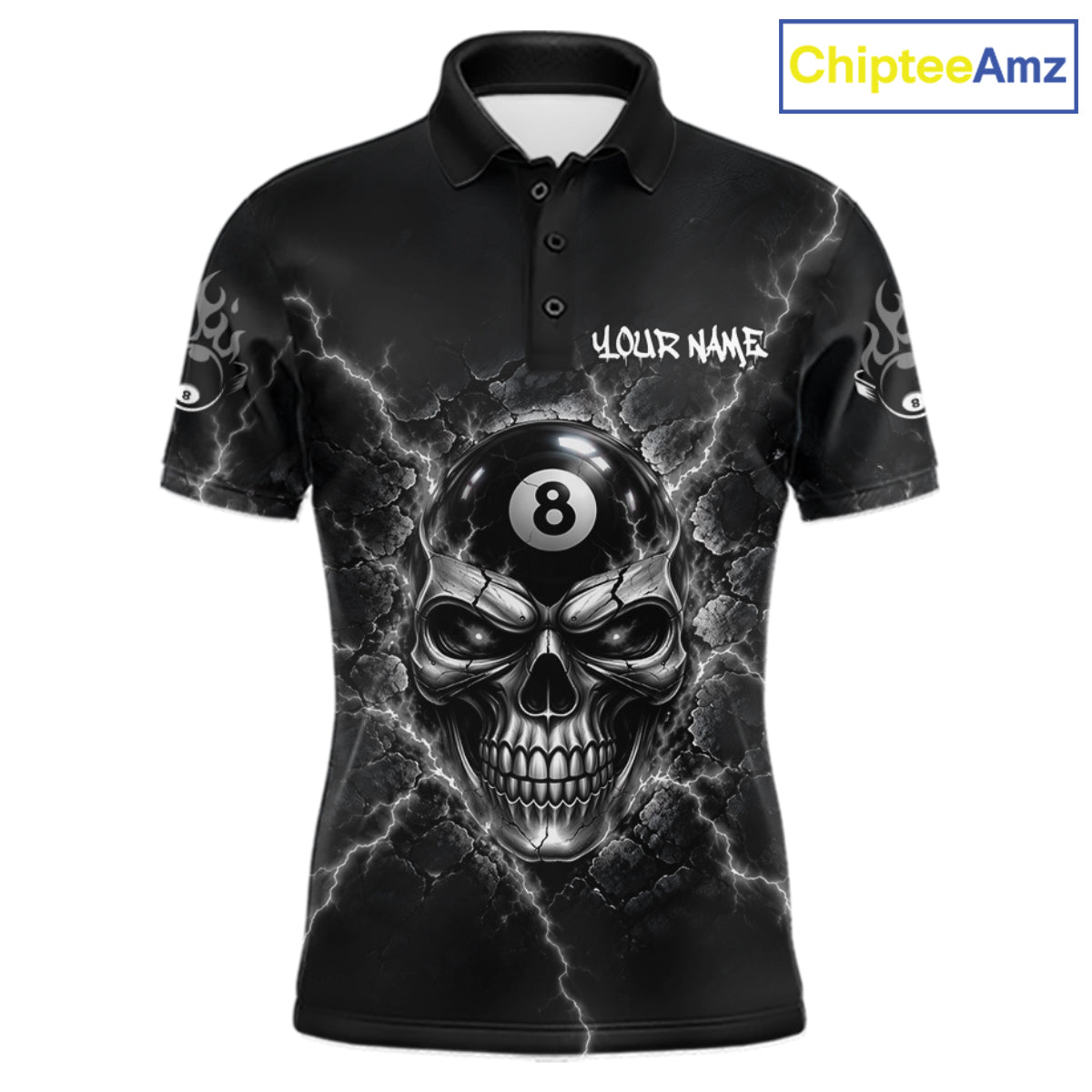 Custom Cracked Skull 8 Ball Billiard Shirt Grey Thunder Skeleton Billiards 1/4-Zip Polo Jersey