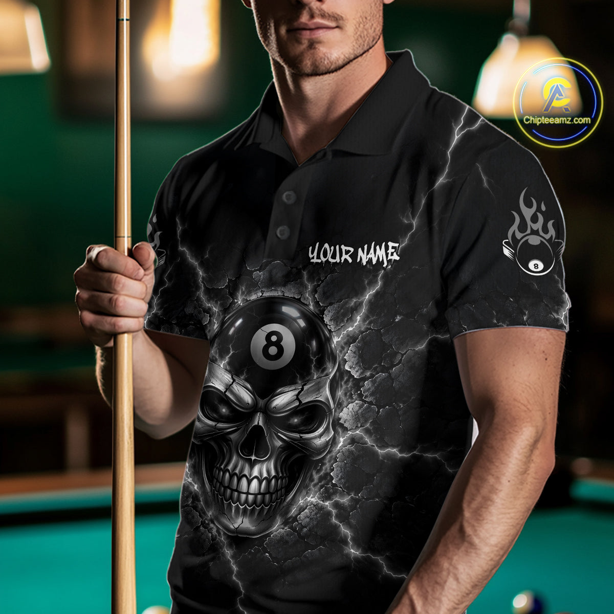 Custom Cracked Skull 8 Ball Billiard Shirt Grey Thunder Skeleton Billiards 1/4-Zip Polo Jersey