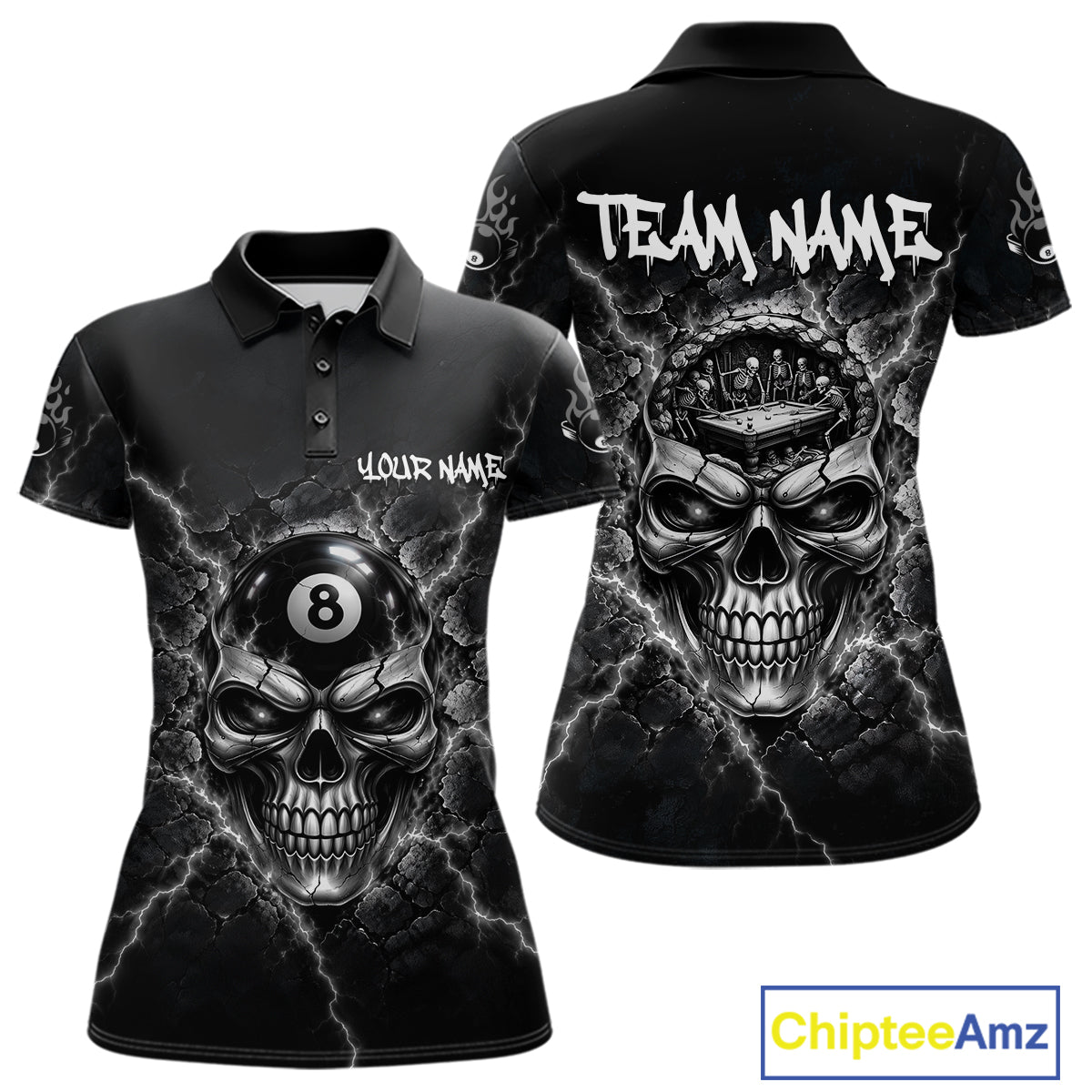 Custom Cracked Skull 8 Ball Billiard Shirt Grey Thunder Skeleton Billiards 1/4-Zip Polo Jersey