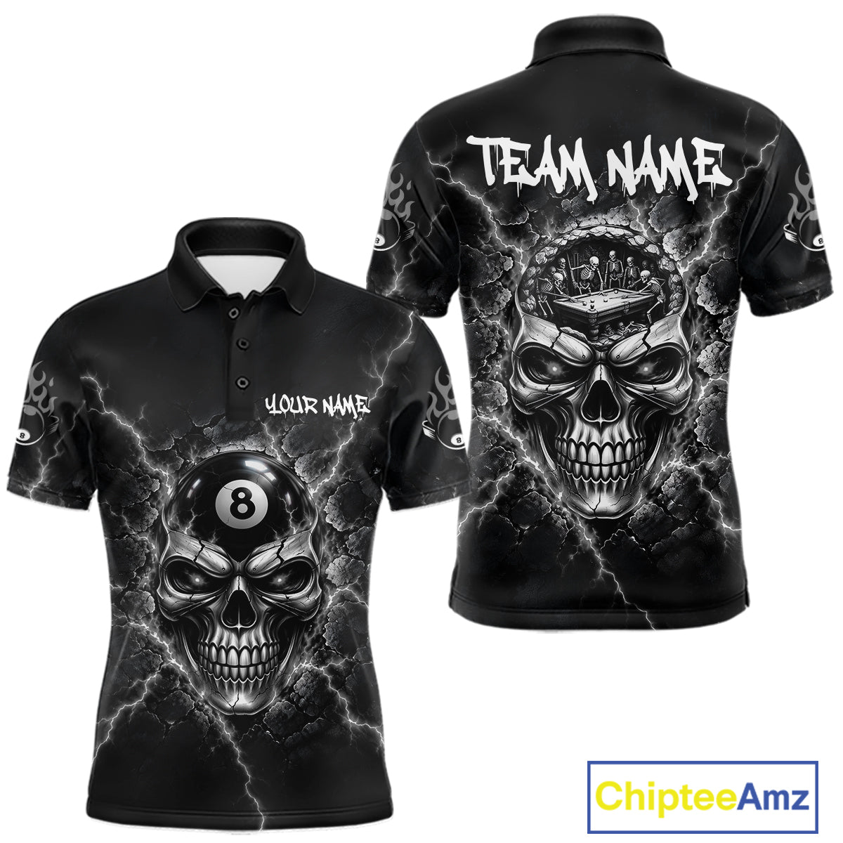 Custom Cracked Skull 8 Ball Billiard Shirt Grey Thunder Skeleton Billiards 1/4-Zip Polo Jersey