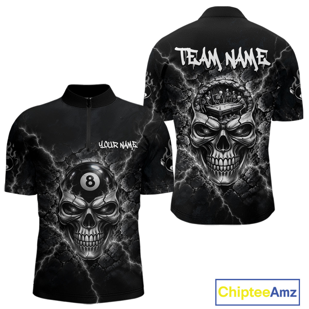 Custom Cracked Skull 8 Ball Billiard Shirt Grey Thunder Skeleton Billiards 1/4-Zip Polo Jersey