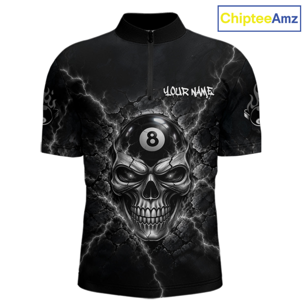 Custom Cracked Skull 8 Ball Billiard Shirt Grey Thunder Skeleton Billiards 1/4-Zip Polo Jersey