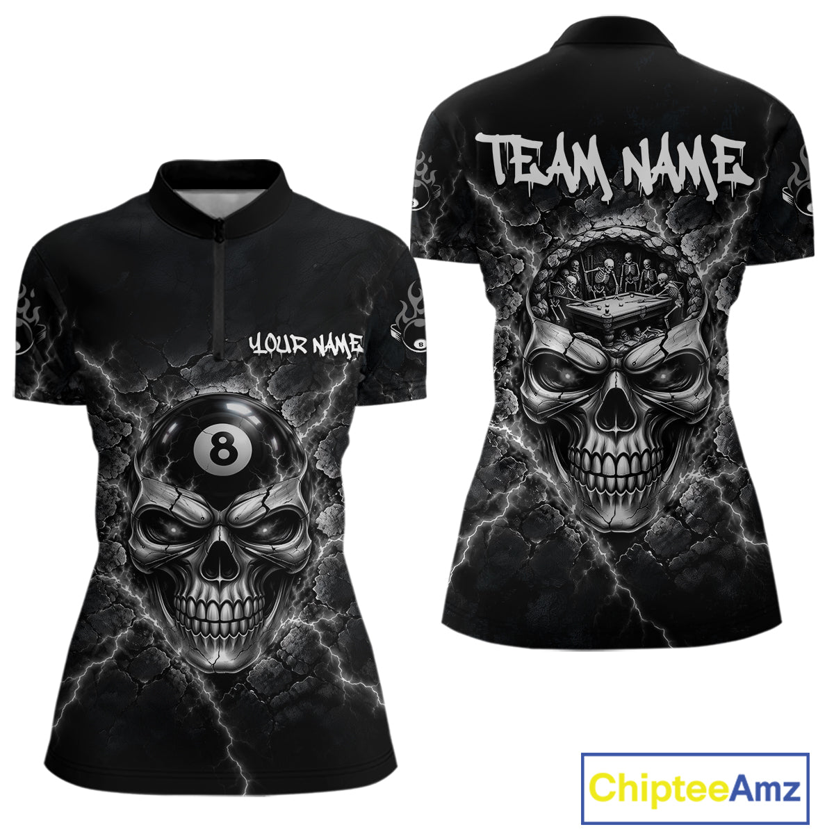 Custom Cracked Skull 8 Ball Billiard Shirt Grey Thunder Skeleton Billiards 1/4-Zip Polo Jersey