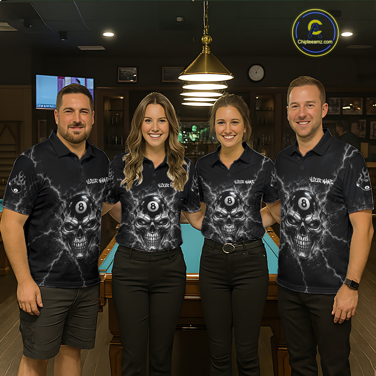 Custom Cracked Skull 8 Ball Billiard Shirt Grey Thunder Skeleton Billiards 1/4-Zip Polo Jersey