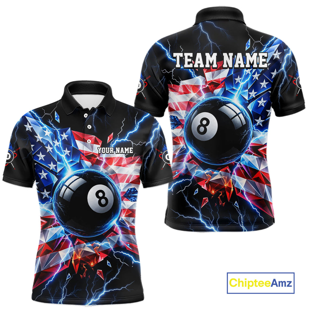 Broken Glass US Flag Billiard Shirt Custom 8 Ball Blue Lightning Billiard Pool Tournament Shirt