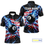 Broken Glass US Flag Billiard Shirt Custom 8 Ball Blue Lightning Billiard Pool Tournament Shirt