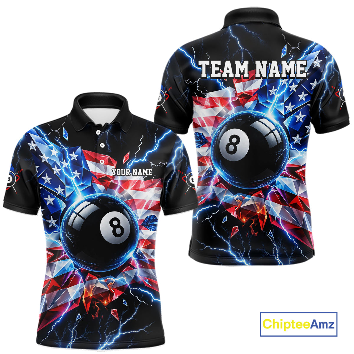 Broken Glass US Flag Billiard Shirt Custom 8 Ball Blue Lightning Billiard Pool Tournament Shirt