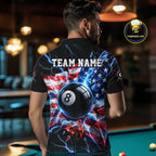 Broken Glass US Flag Billiard Shirt Custom 8 Ball Blue Lightning Billiard Pool Tournament Shirt