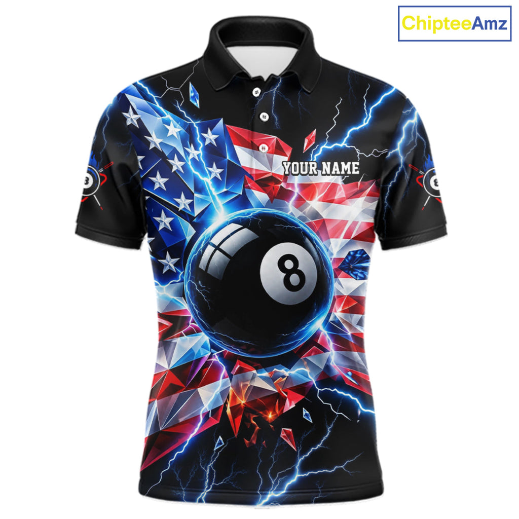 Broken Glass US Flag Billiard Shirt Custom 8 Ball Blue Lightning Billiard Pool Tournament Shirt