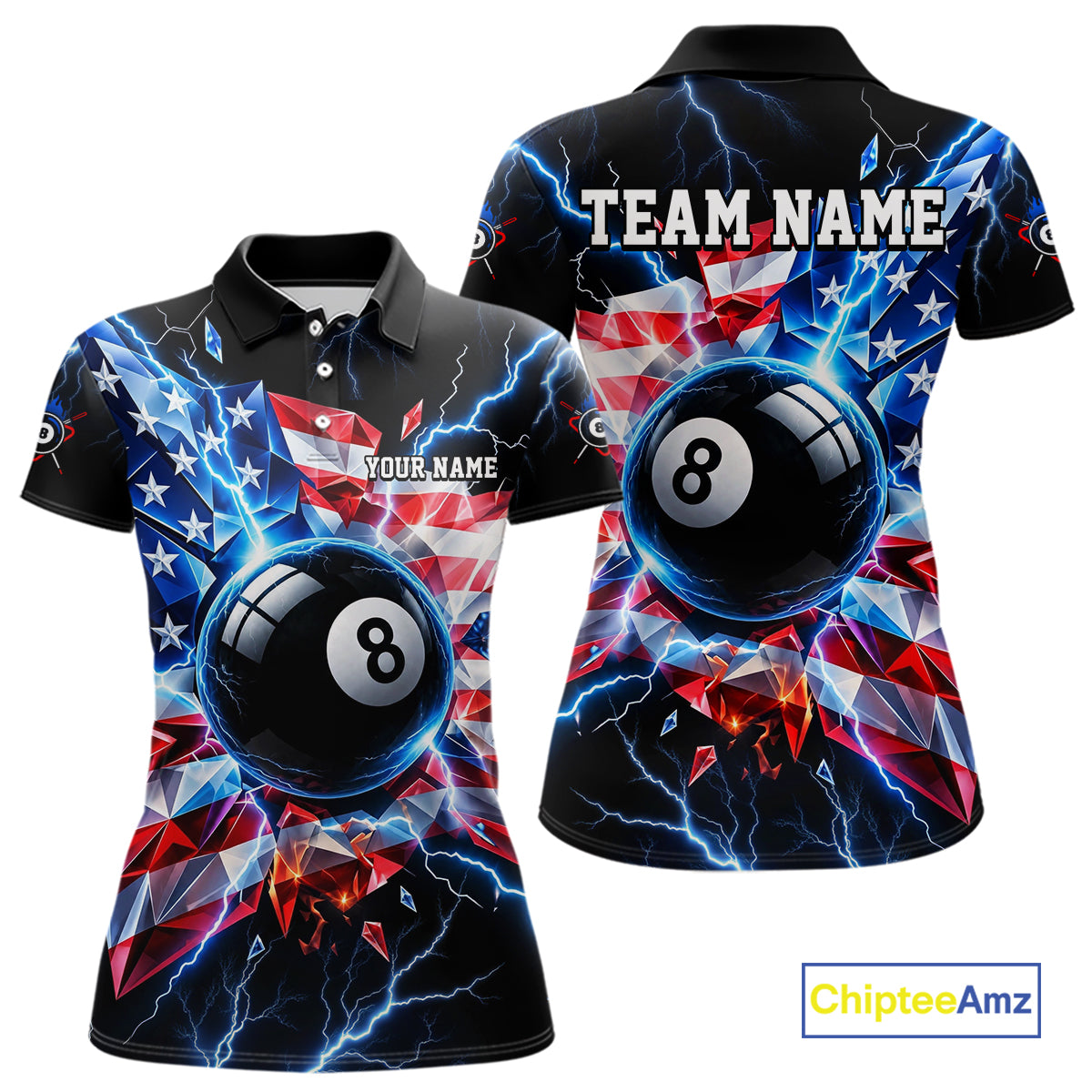 Broken Glass US Flag Billiard Shirt Custom 8 Ball Blue Lightning Billiard Pool Tournament Shirt
