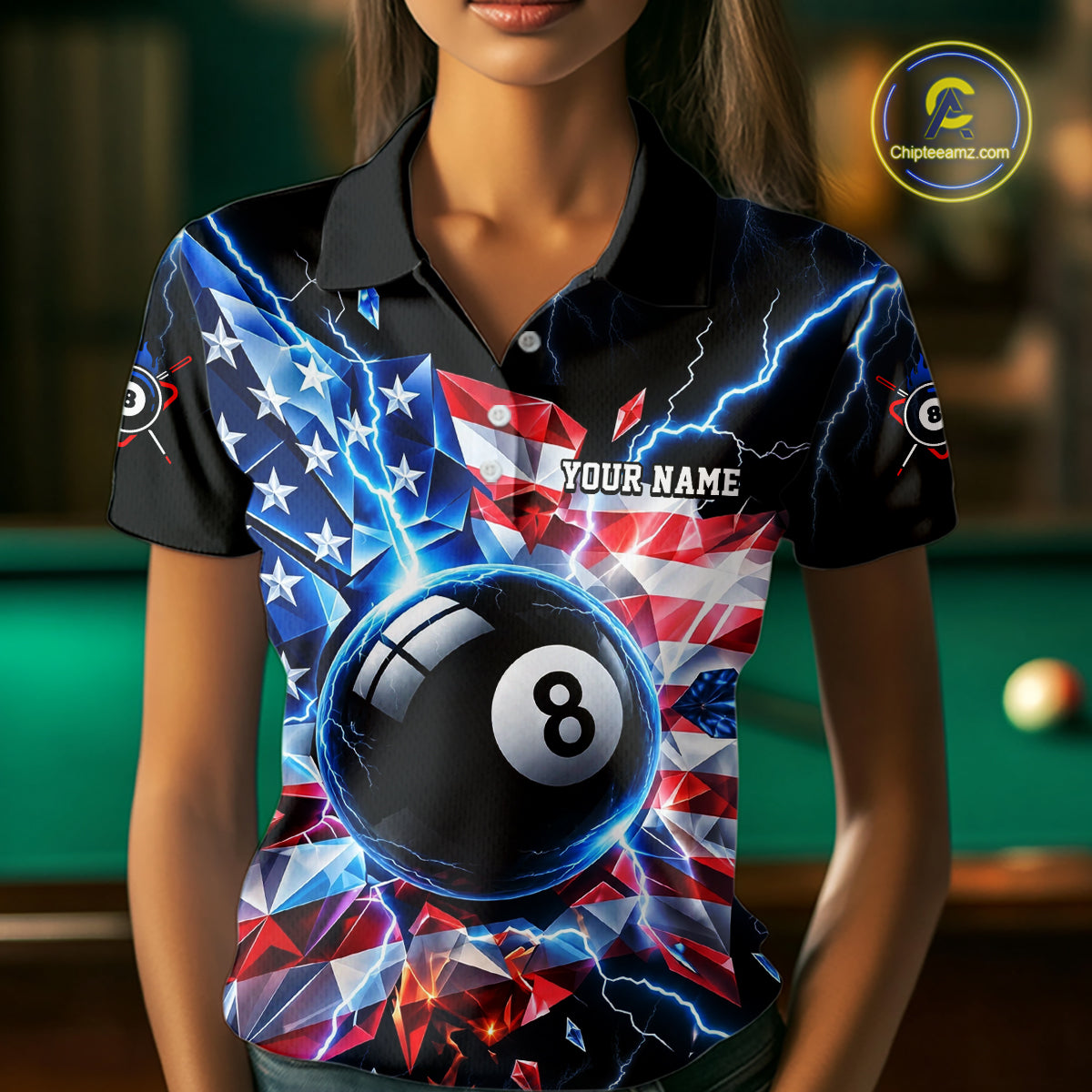 Broken Glass US Flag Billiard Shirt Custom 8 Ball Blue Lightning Billiard Pool Tournament Shirt