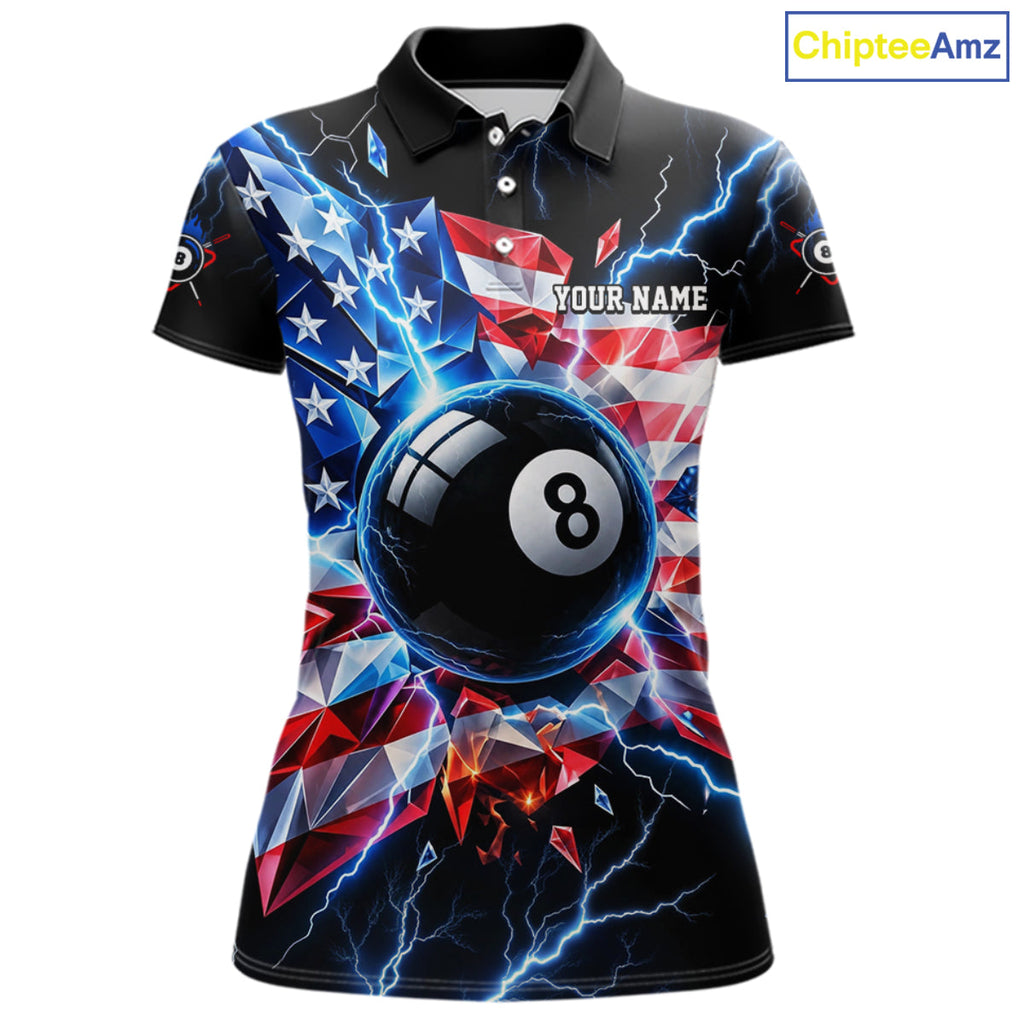 Broken Glass US Flag Billiard Shirt Custom 8 Ball Blue Lightning Billiard Pool Tournament Shirt