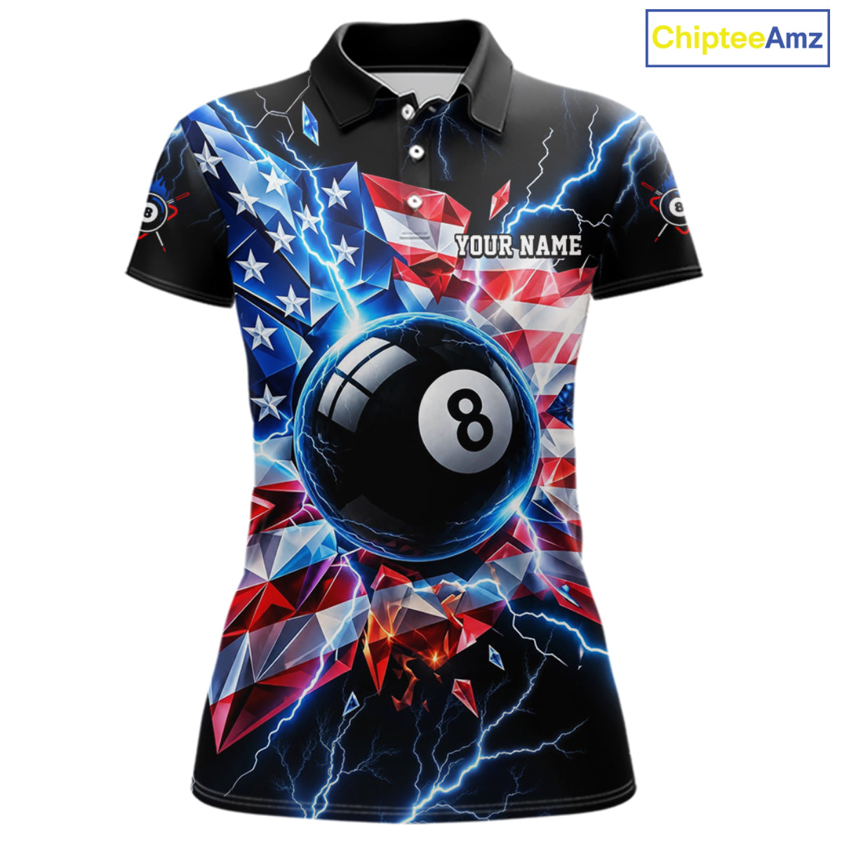 Broken Glass US Flag Billiard Shirt Custom 8 Ball Blue Lightning Billiard Pool Tournament Shirt
