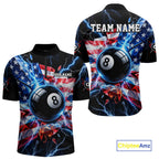 Broken Glass US Flag Billiard Shirt Custom 8 Ball Blue Lightning Billiard Pool Tournament Shirt
