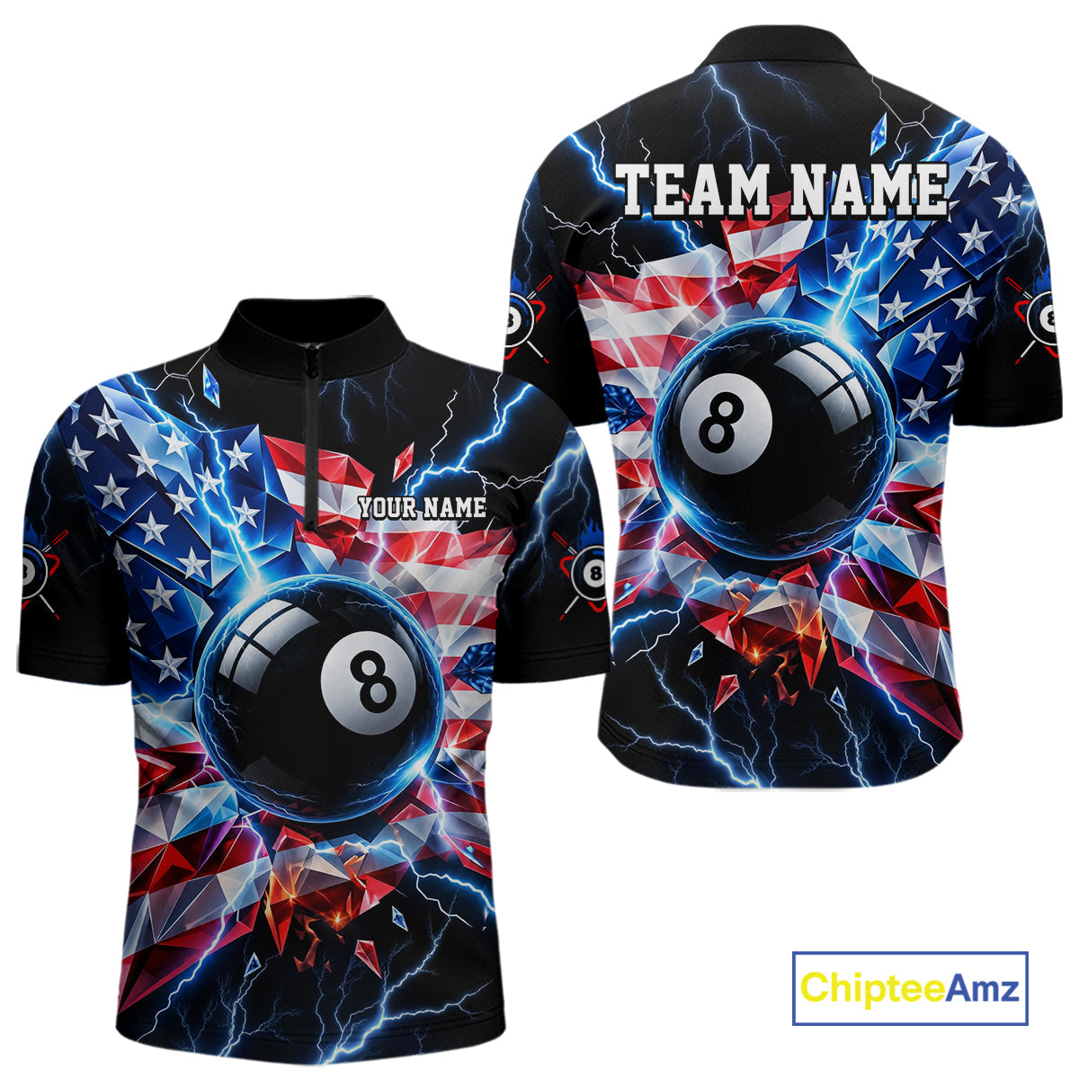Broken Glass US Flag Billiard Shirt Custom 8 Ball Blue Lightning Billiard Pool Tournament Shirt