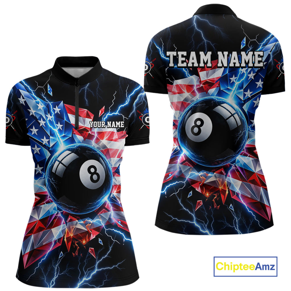 Broken Glass US Flag Billiard Shirt Custom 8 Ball Blue Lightning Billiard Pool Tournament Shirt