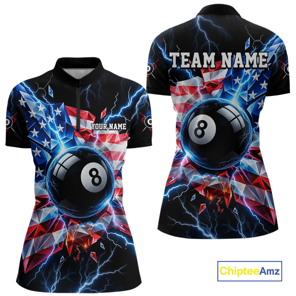 Broken Glass US Flag Billiard Shirt Custom 8 Ball Blue Lightning Billiard Pool Tournament Shirt