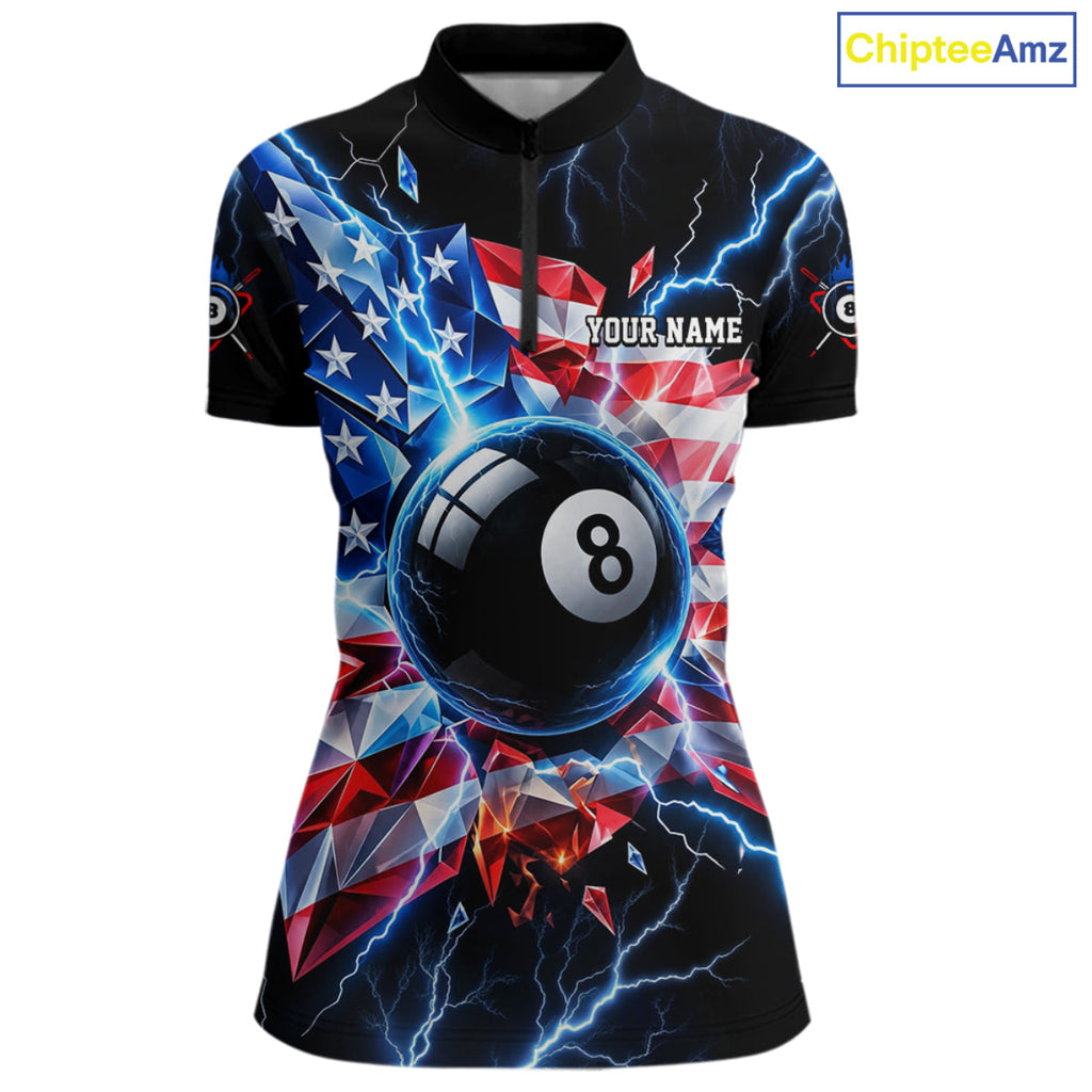 Broken Glass US Flag Billiard Shirt Custom 8 Ball Blue Lightning Billiard Pool Tournament Shirt
