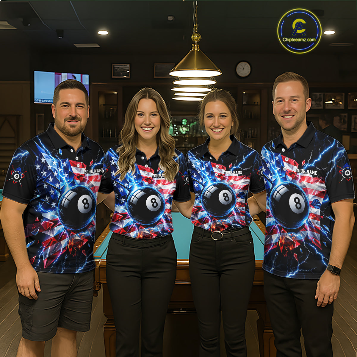 Broken Glass US Flag Billiard Shirt Custom 8 Ball Blue Lightning Billiard Pool Tournament Shirt