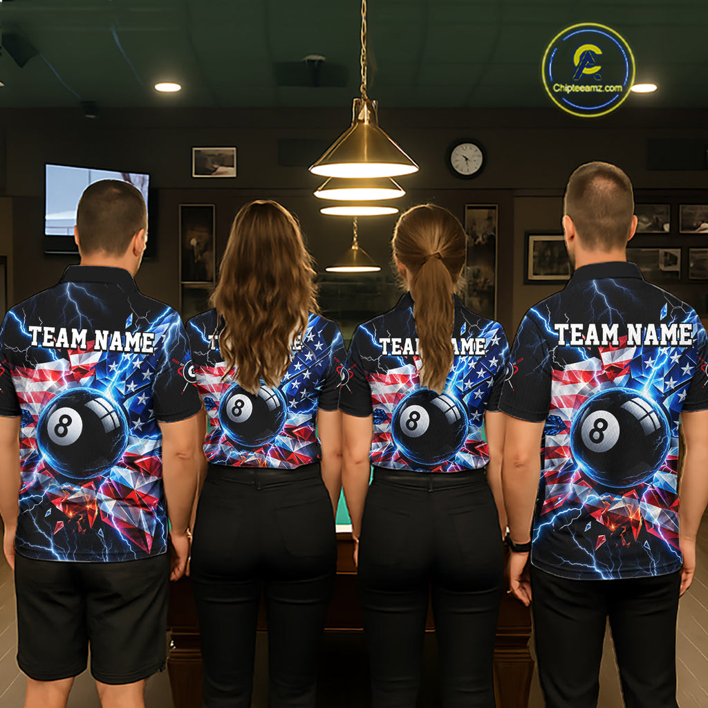 Broken Glass US Flag Billiard Shirt Custom 8 Ball Blue Lightning Billiard Pool Tournament Shirt