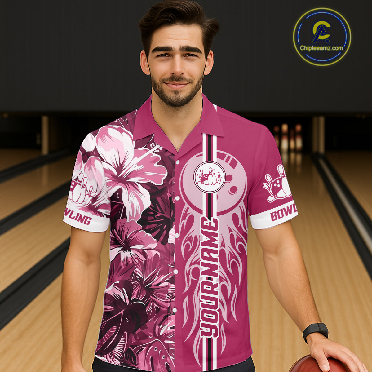 Pink Tropical Flower Flame Bowling Polo Quarter Zip Shirts Custom Bowler Gift Bowling Team