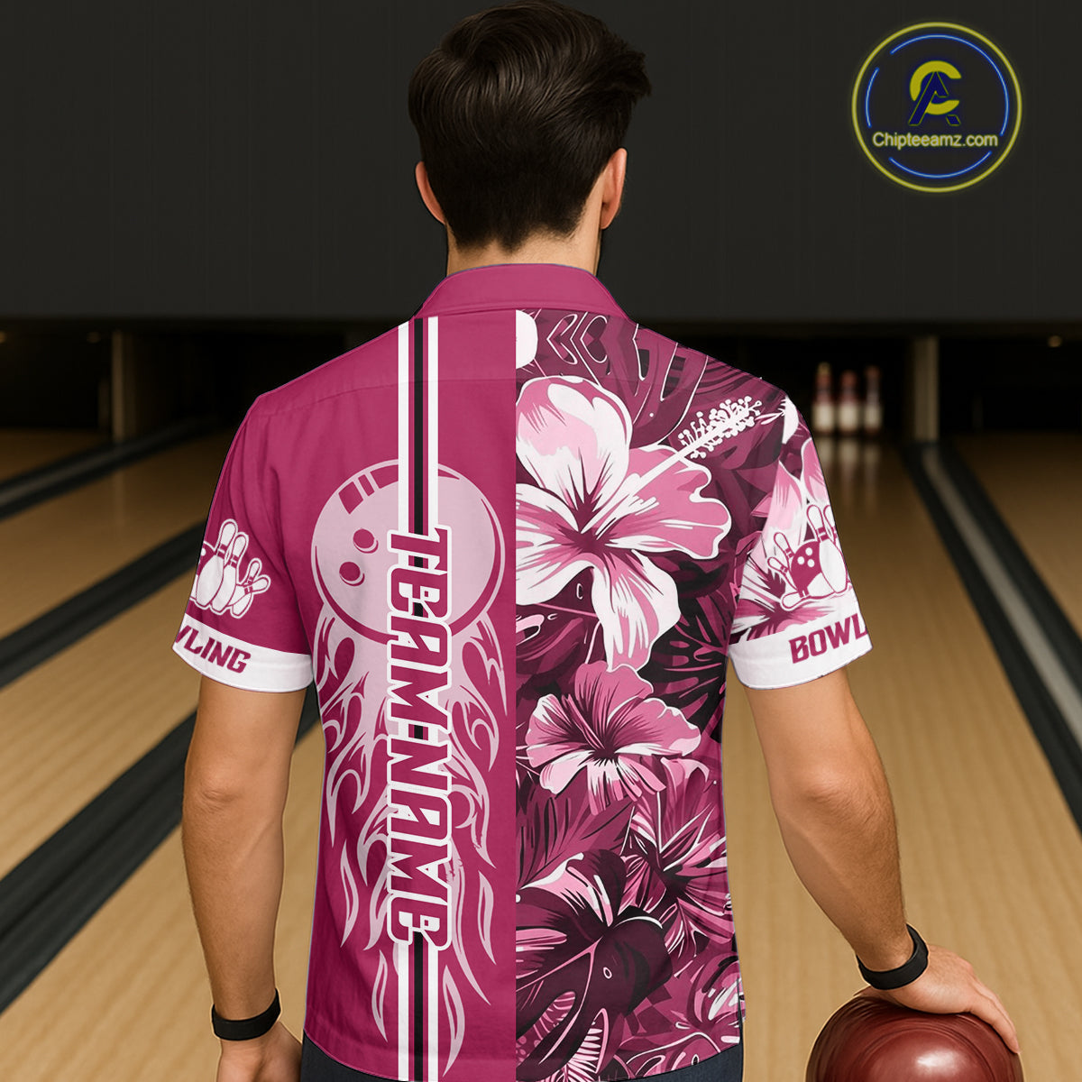 Pink Tropical Flower Flame Bowling Polo Quarter Zip Shirts Custom Bowler Gift Bowling Team