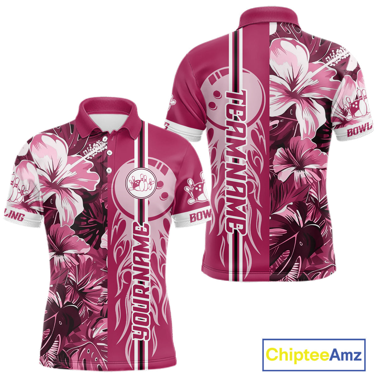 Pink Tropical Flower Flame Bowling Polo Quarter Zip Shirts Custom Bowler Gift Bowling Team