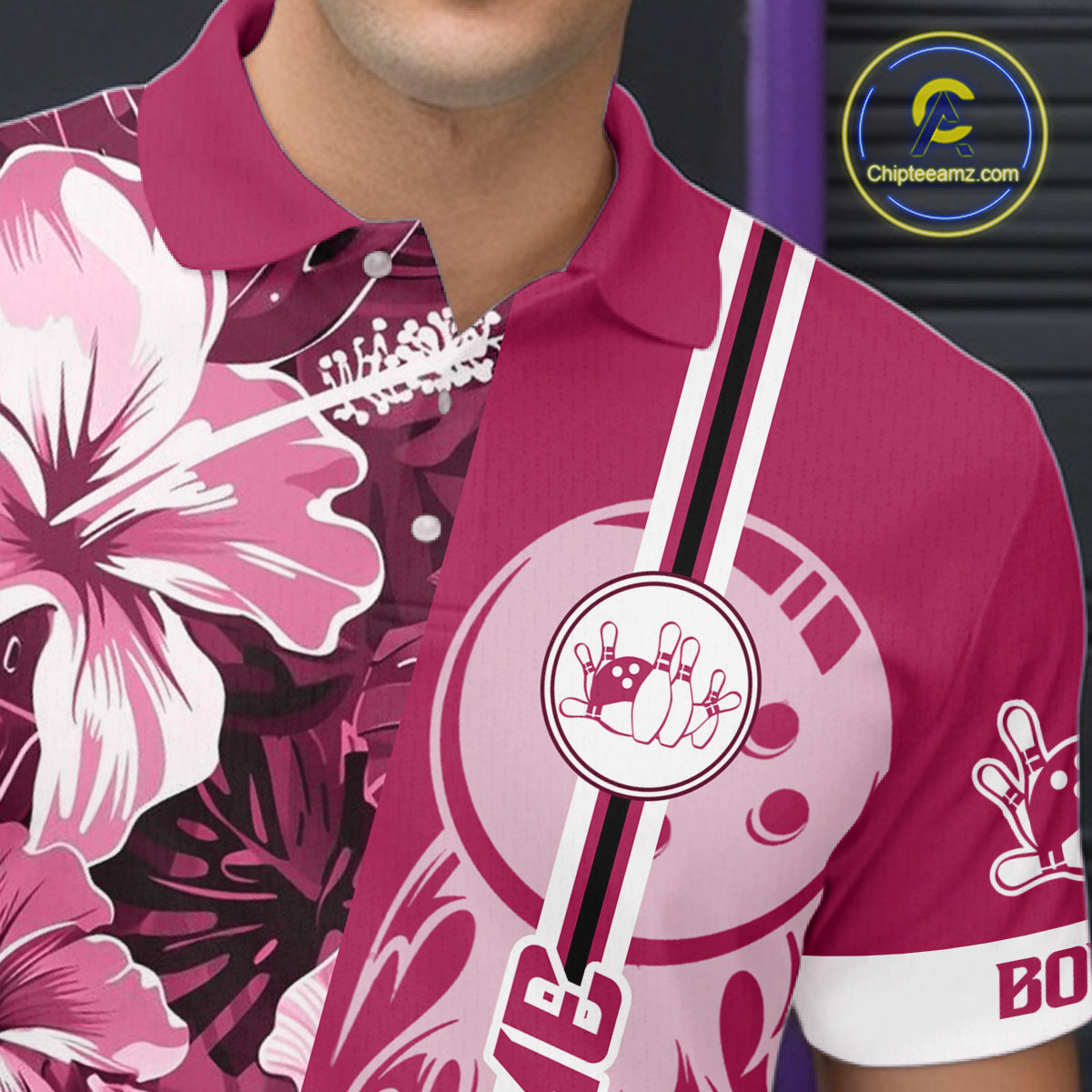 Pink Tropical Flower Flame Bowling Polo Quarter Zip Shirts Custom Bowler Gift Bowling Team