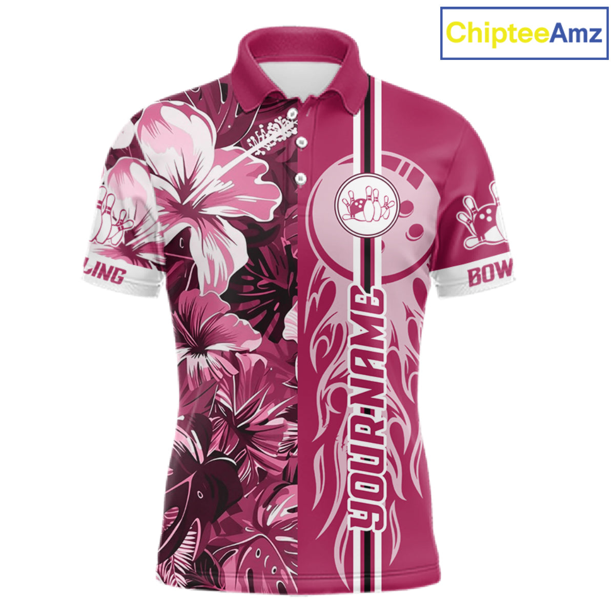 Pink Tropical Flower Flame Bowling Polo Quarter Zip Shirts Custom Bowler Gift Bowling Team
