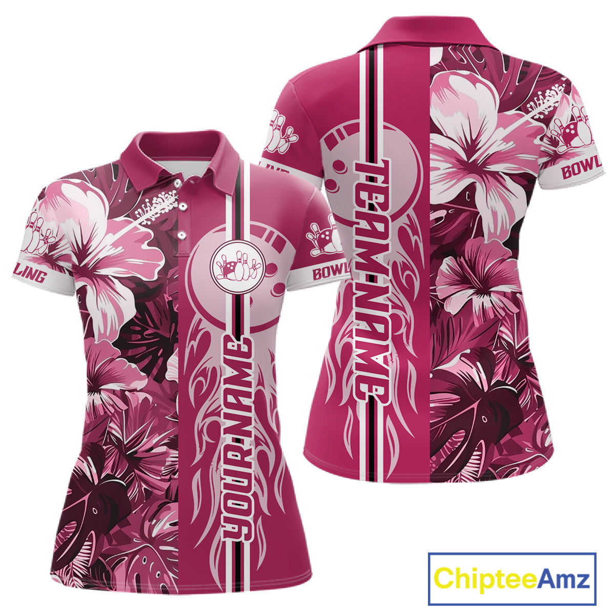 Pink Tropical Flower Flame Bowling Polo Quarter Zip Shirts Custom Bowler Gift Bowling Team