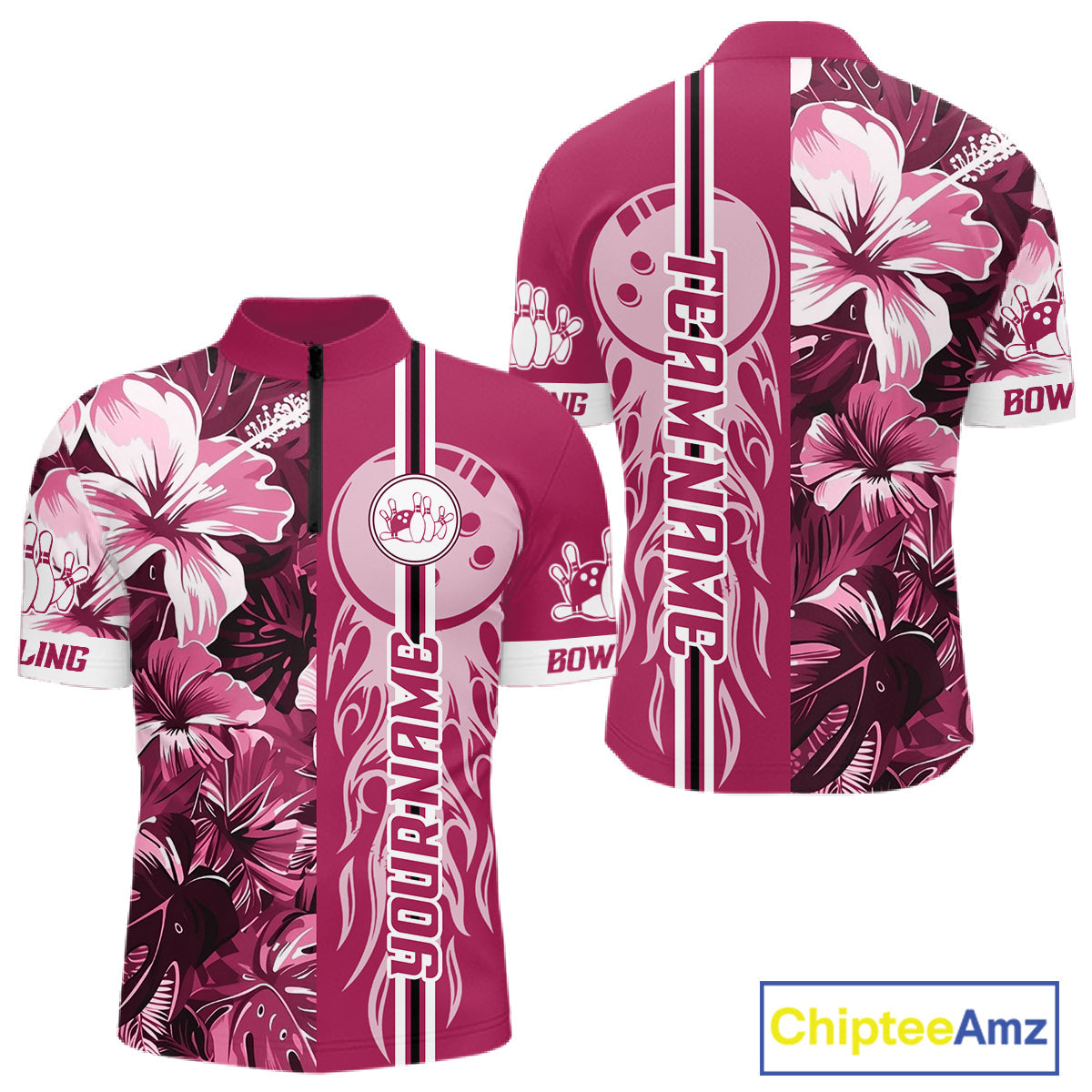 Pink Tropical Flower Flame Bowling Polo Quarter Zip Shirts Custom Bowler Gift Bowling Team