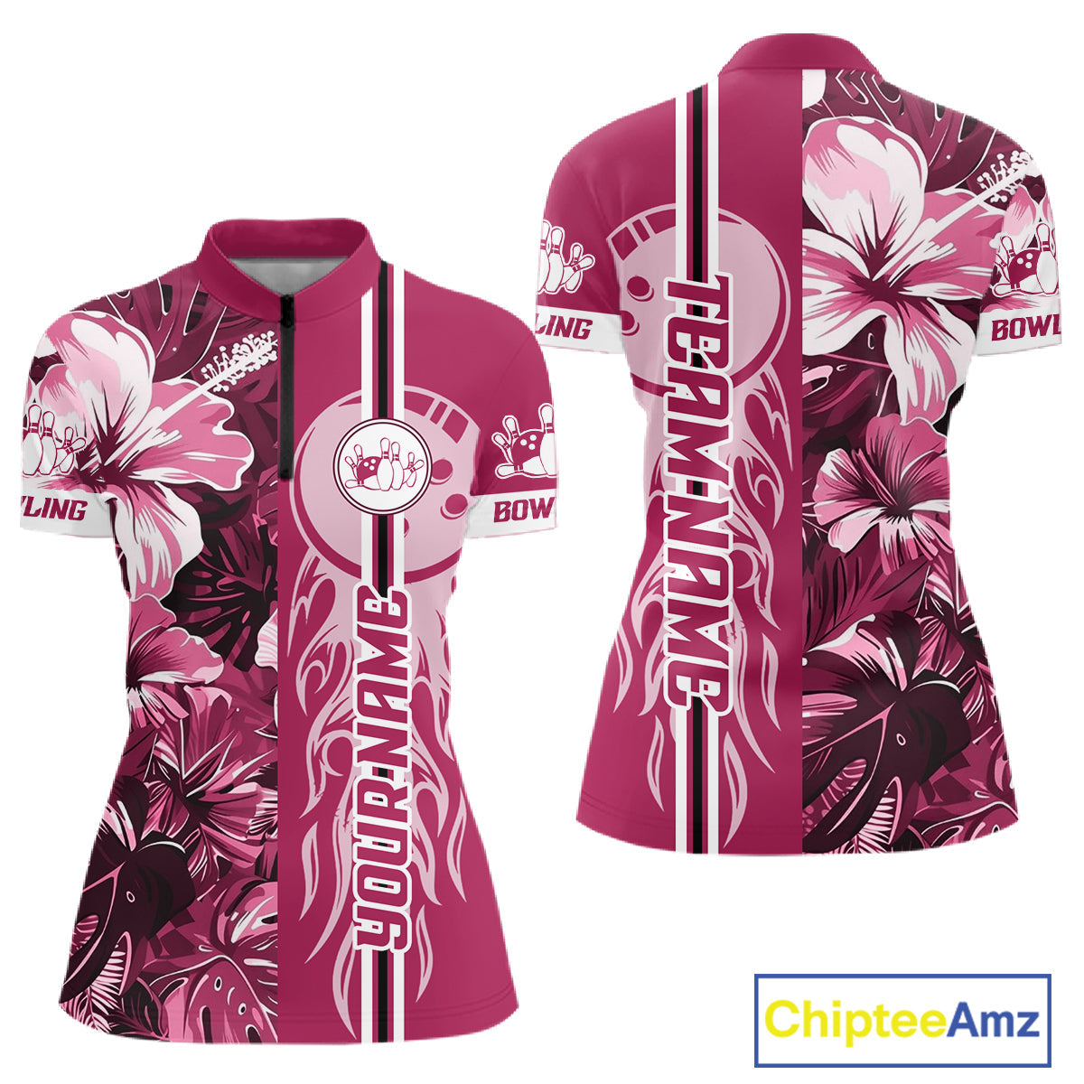 Pink Tropical Flower Flame Bowling Polo Quarter Zip Shirts Custom Bowler Gift Bowling Team