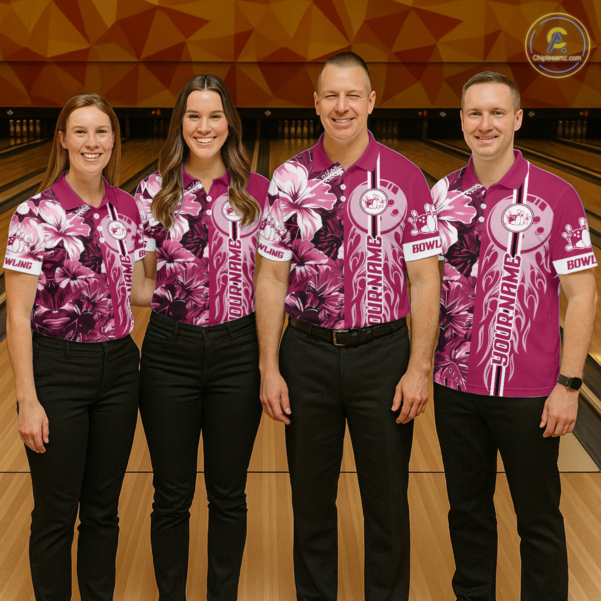 Pink Tropical Flower Flame Bowling Polo Quarter Zip Shirts Custom Bowler Gift Bowling Team