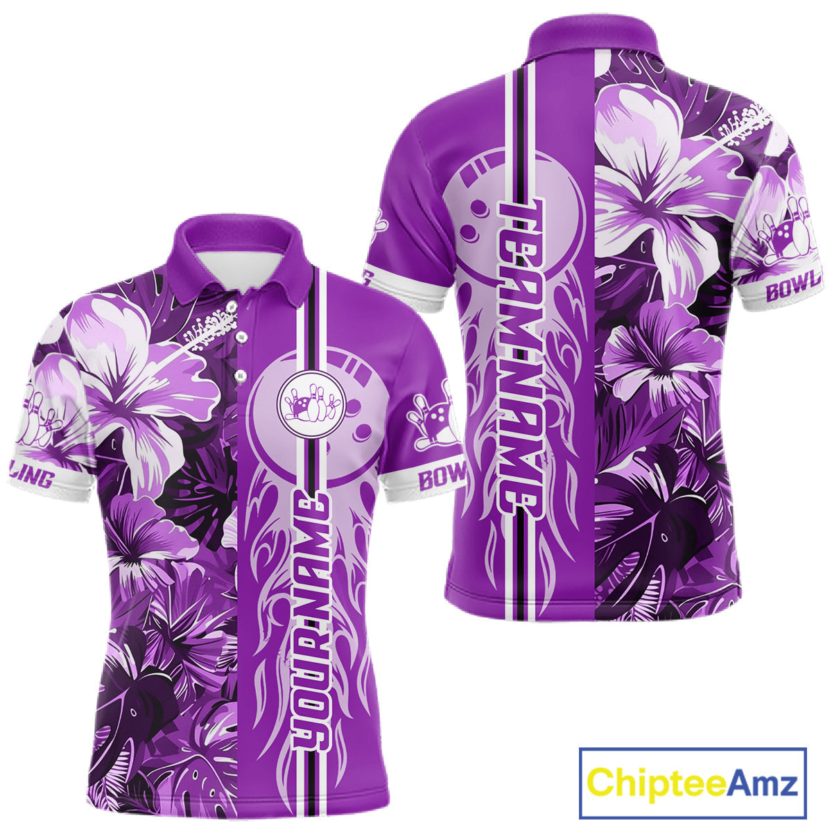 Purple Tropical Flower Flame Bowling Polo Quarter Zip Shirts Custom Bowler Gift Bowling Team