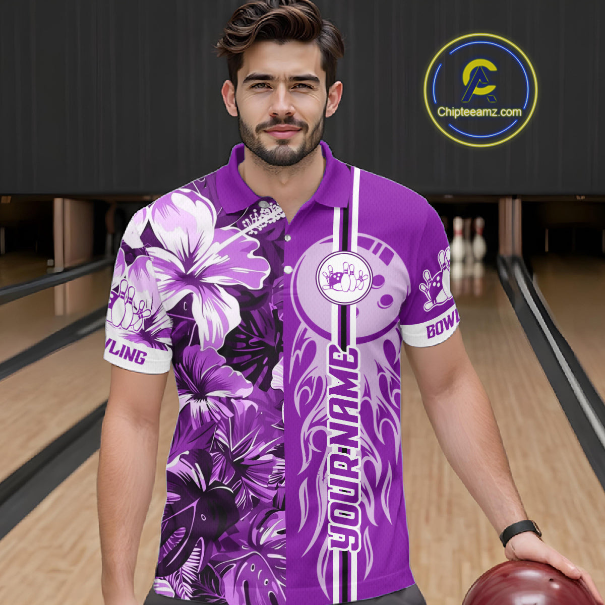 Purple Tropical Flower Flame Bowling Polo Quarter Zip Shirts Custom Bowler Gift Bowling Team