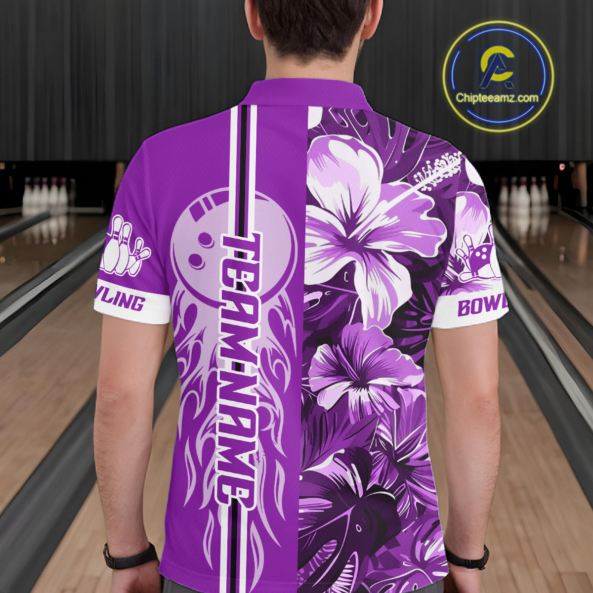 Purple Tropical Flower Flame Bowling Polo Quarter Zip Shirts Custom Bowler Gift Bowling Team