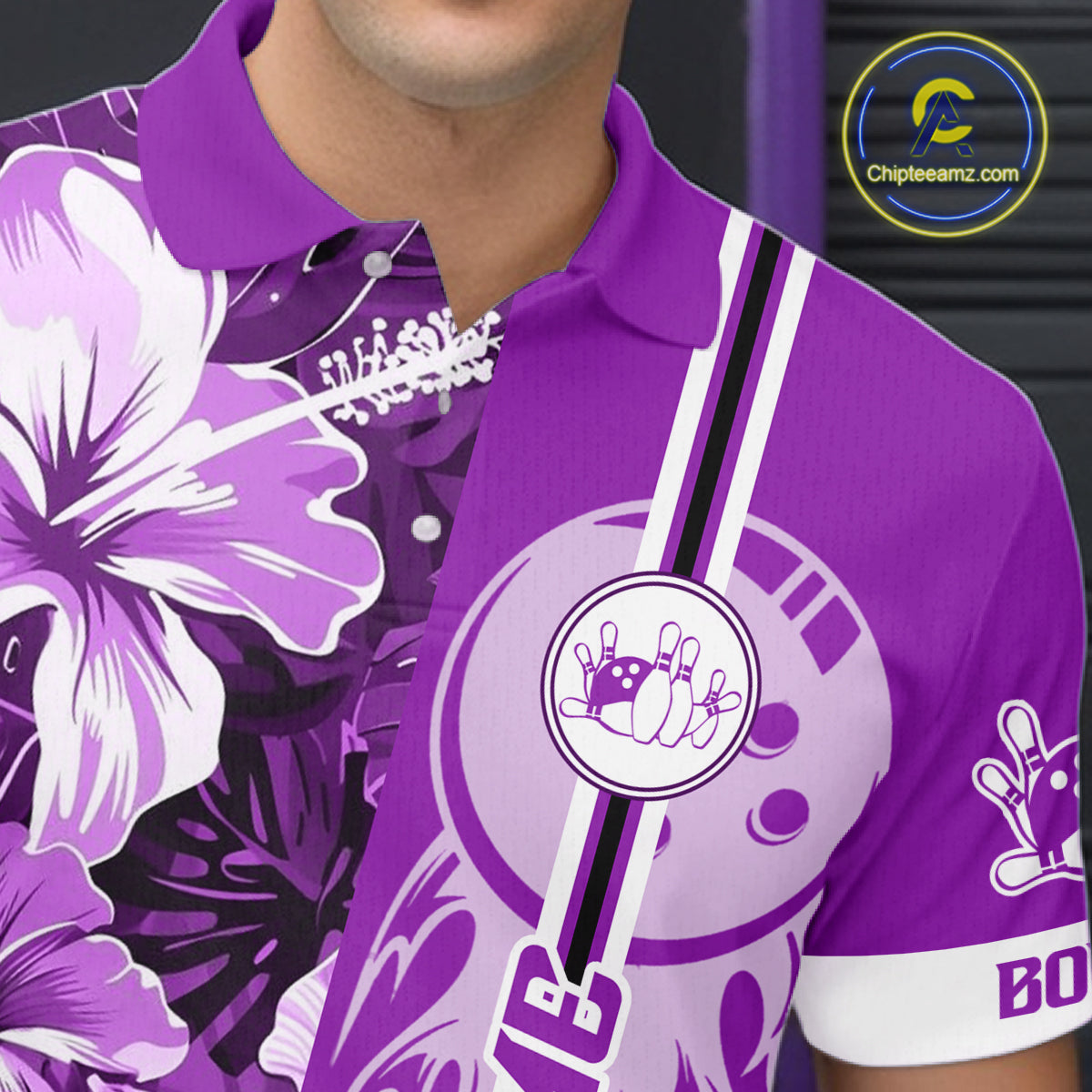 Purple Tropical Flower Flame Bowling Polo Quarter Zip Shirts Custom Bowler Gift Bowling Team