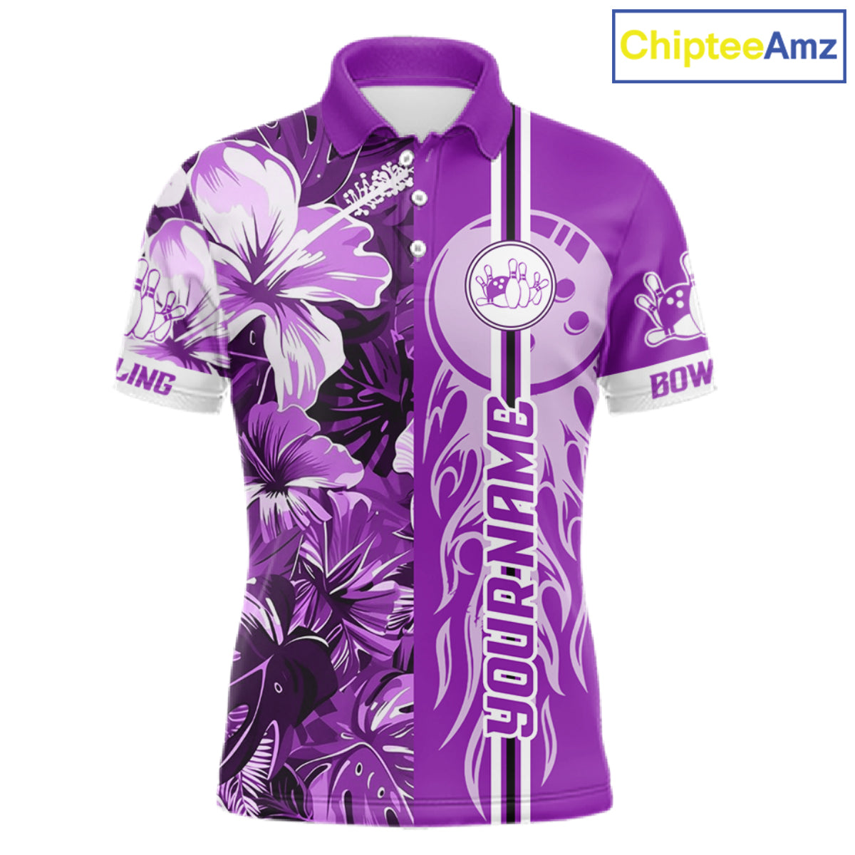 Purple Tropical Flower Flame Bowling Polo Quarter Zip Shirts Custom Bowler Gift Bowling Team