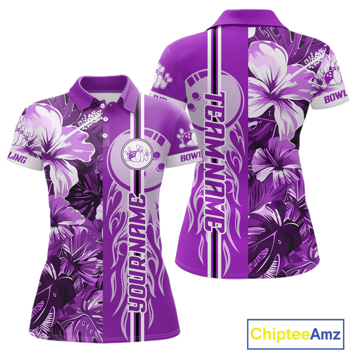 Purple Tropical Flower Flame Bowling Polo Quarter Zip Shirts Custom Bowler Gift Bowling Team
