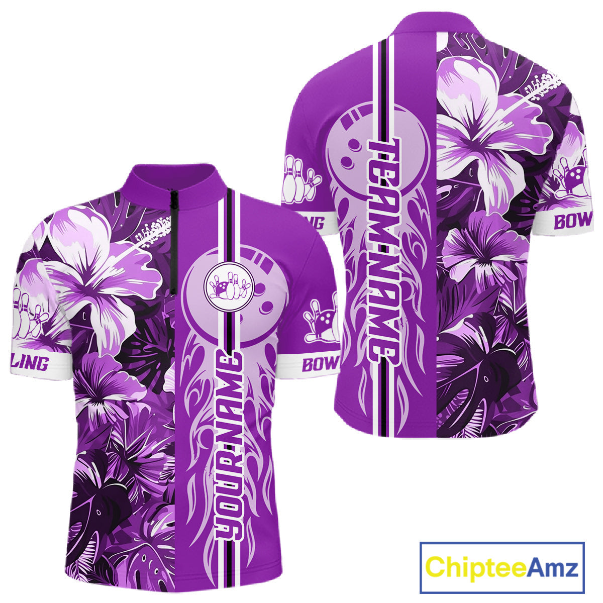 Purple Tropical Flower Flame Bowling Polo Quarter Zip Shirts Custom Bowler Gift Bowling Team