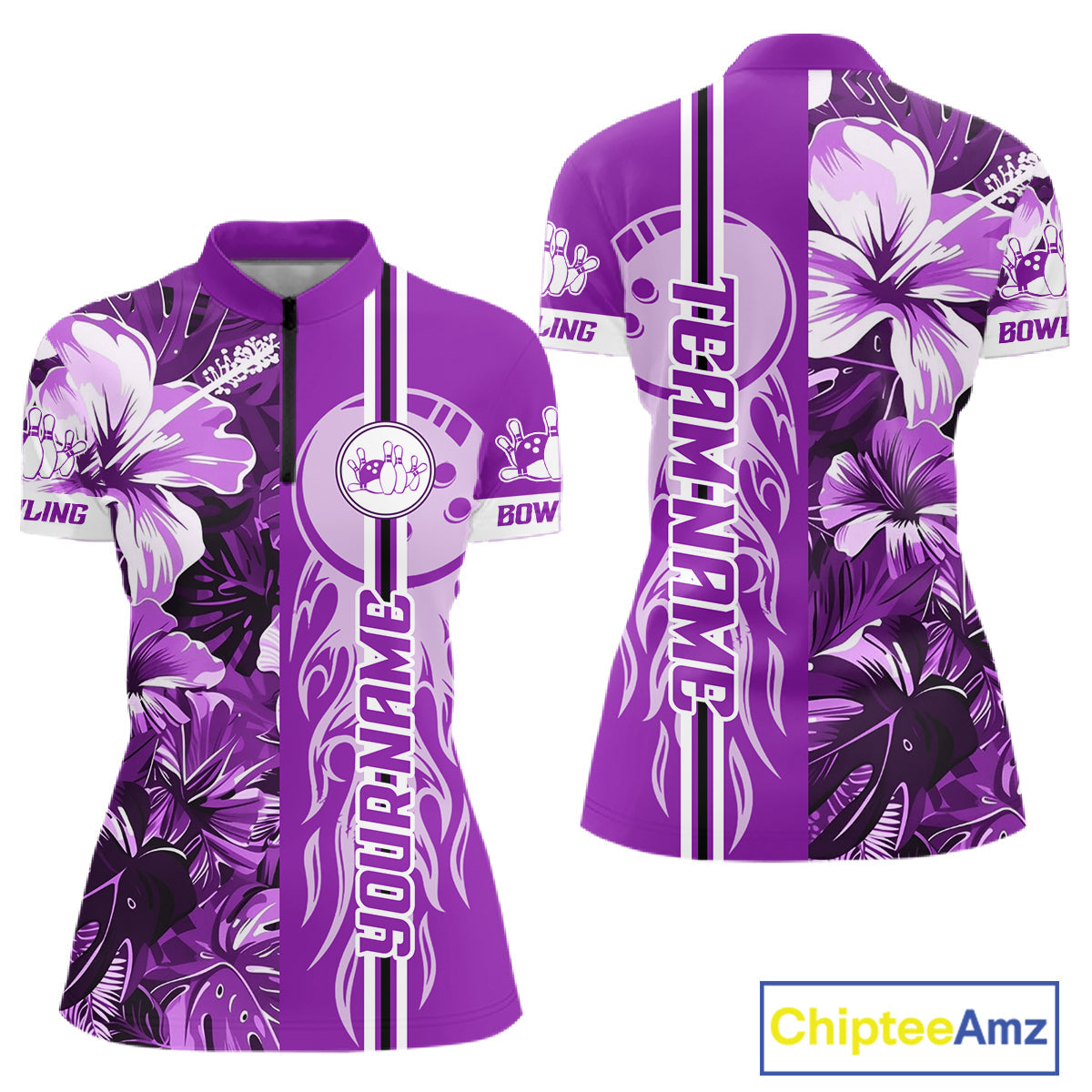 Purple Tropical Flower Flame Bowling Polo Quarter Zip Shirts Custom Bowler Gift Bowling Team