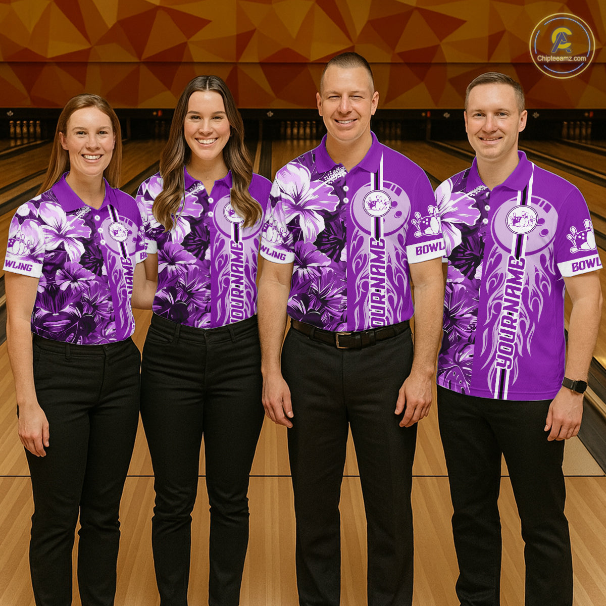 Purple Tropical Flower Flame Bowling Polo Quarter Zip Shirts Custom Bowler Gift Bowling Team