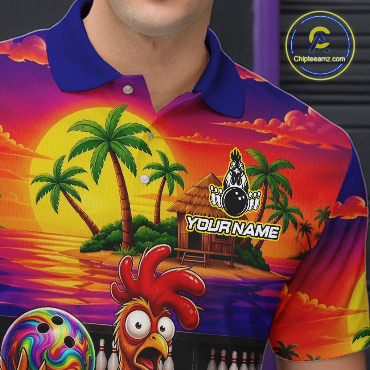 Funny Colorful Rooster Bowling Jerseys Custom Summer Bowling Shirt Team Attire