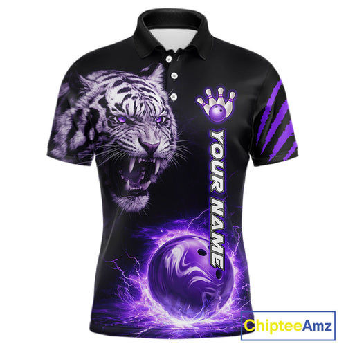 Purple Flames Tiger Custom Bowling Polo & Quarter-Zip Shirts Flame Bowling Team Jerseys