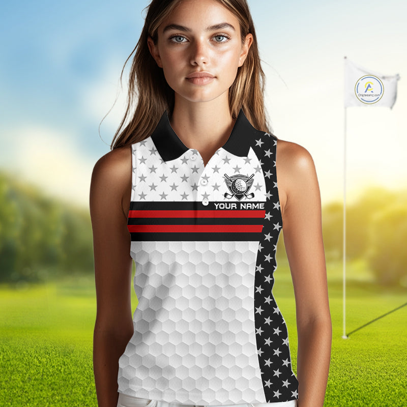 American Flag Golf Sleeveless Polo Shirt Custom Black And Red Patriotic Golf Team Shirt Golf Tops